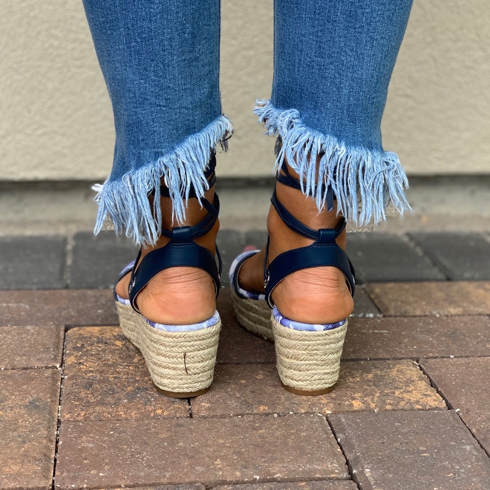 Blue White Floral LaceUp Espadrille Platform Wedge - Picture 6 of 8